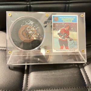 Bobby Clarke 1974-1975 Stanley Cup Quarter Finals Autographed Puck And Card